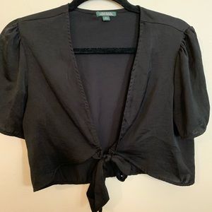 Black cropped tie front satin top